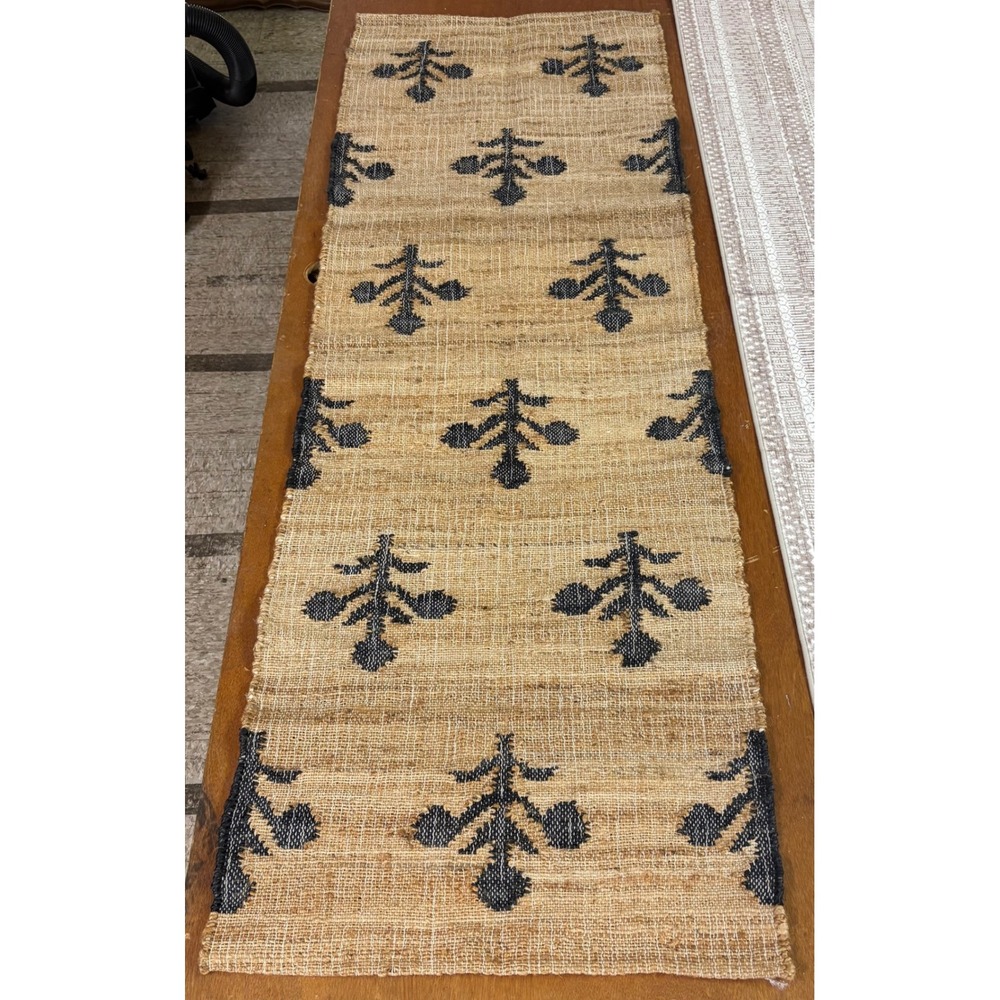 2x6 Jute Runner Rug Natural Tan Blue Botanical Leaf Pattern Farmhouse New